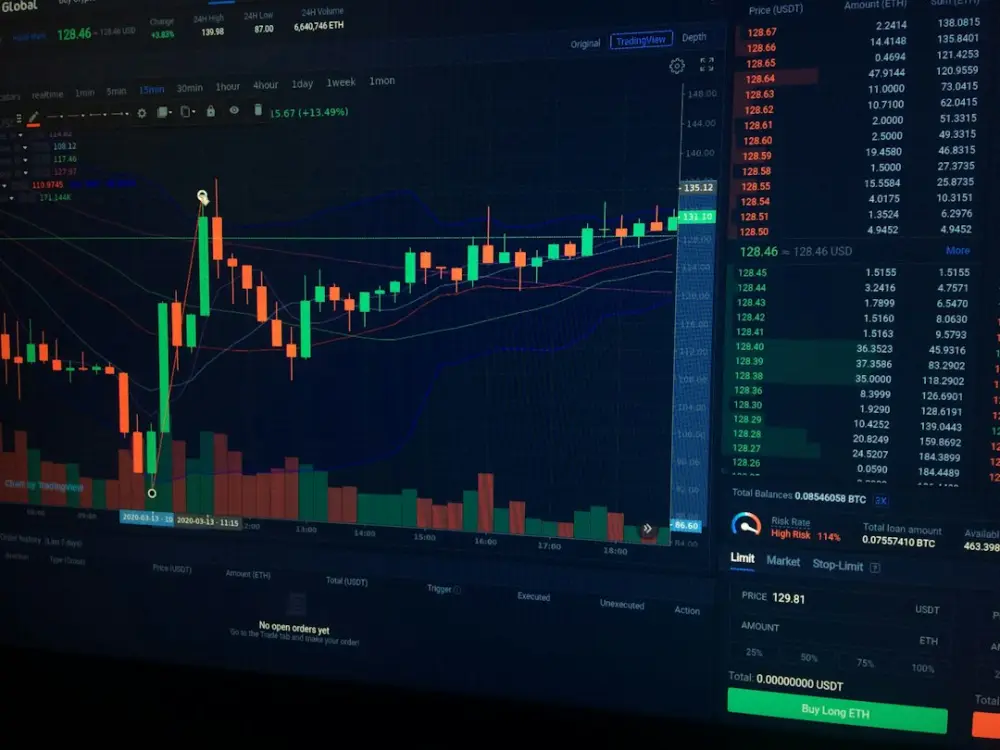 A digital candlestick chart showing cryptocurrency market trends on a dark computer screen, illustrating digital trade
